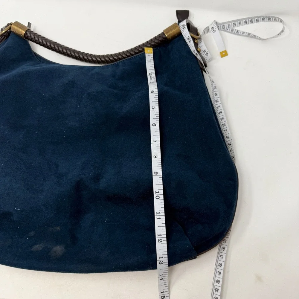 Nine West Navy Blue Faux Suede Hobo Bag Braided Handle Brass Hardware Slouchy - Picture 8 of 12